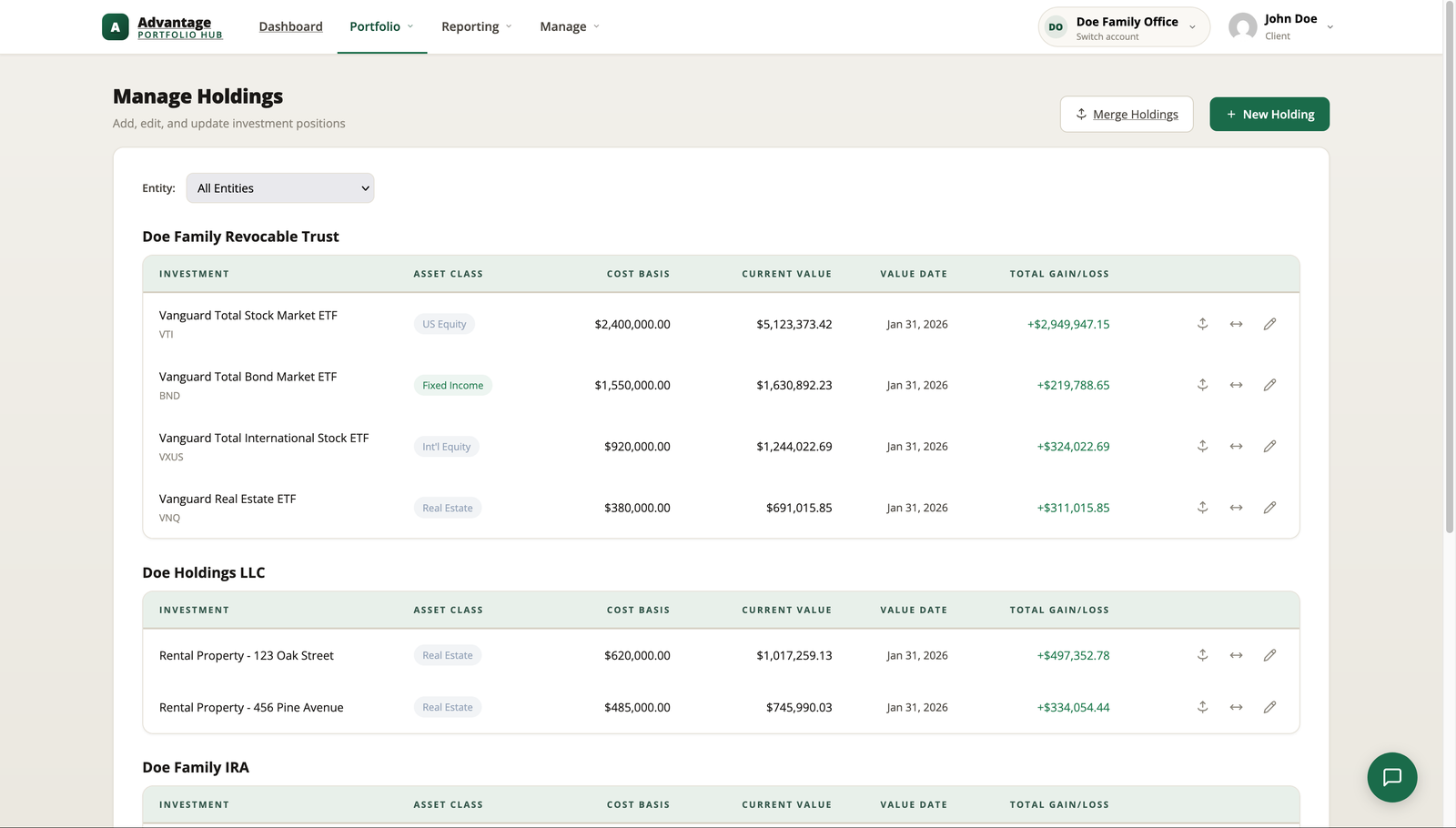 Manage holdings